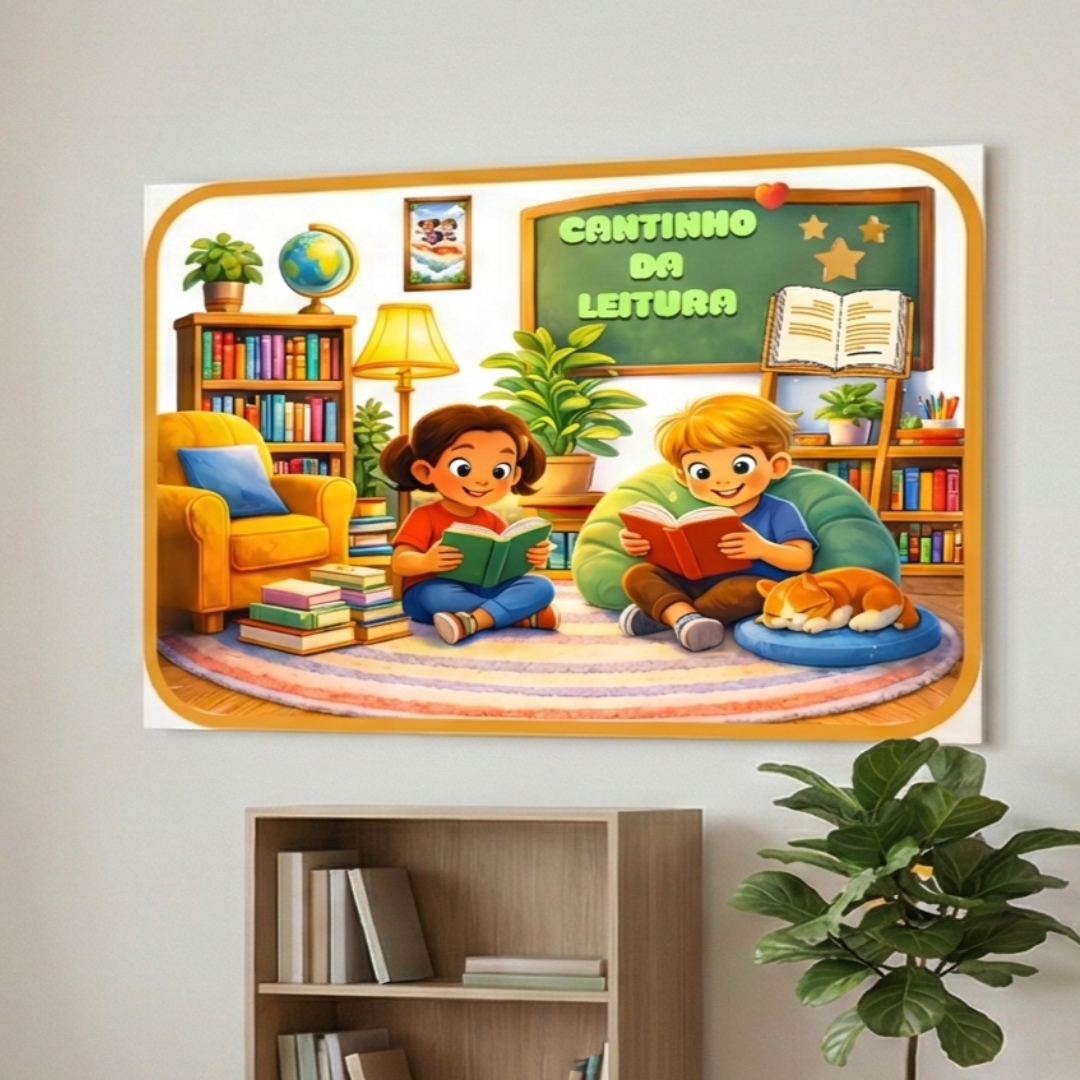 Painel Cantinho da Leitura: Ambiente calmo, colorido e aconchegante para momentos de leitura livre ou compartilhada
