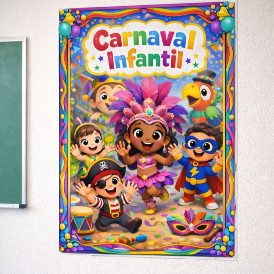 Painel Carnaval Infantil: Neste painel, celebramos a infância, o brincar e a felicidade de estar juntos, enchendo a escola de amor e diversão.