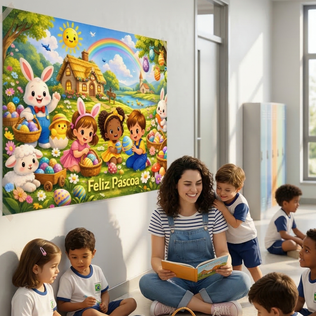 Painel Feliz Páscoa: O painel deixa o espaço mais colorido, acolhedor e temático, criando um clima especial para a celebração da Páscoa.
